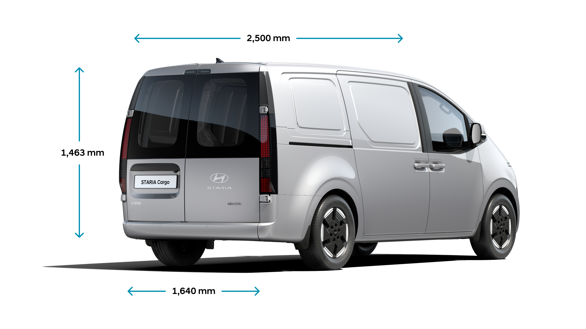 Rear view of Hyundai STARIA Cargo electric with dimension information.